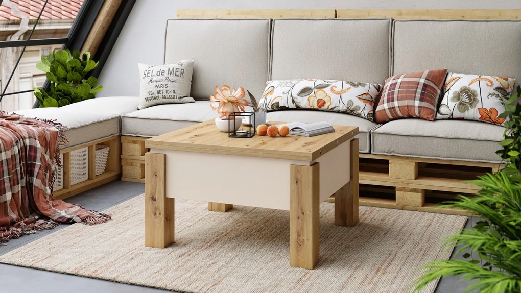 Mazzoni OSLO eiken artisan / beige, uitklapbare salontafel met in hoogte verstelbaar blad