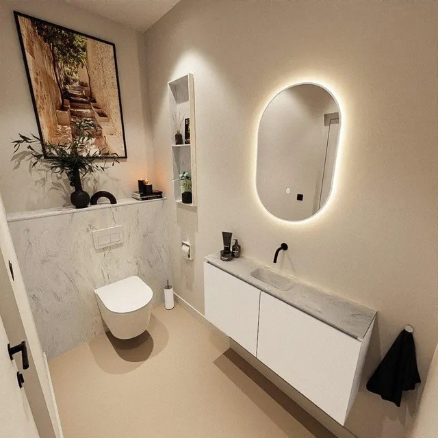 MONDIAZ TURE-DLUX 100cm toiletmeubel Talc. EDEN wastafel Opalo positie midden. Zonder kraangat. TUREDX100TALM0OPA