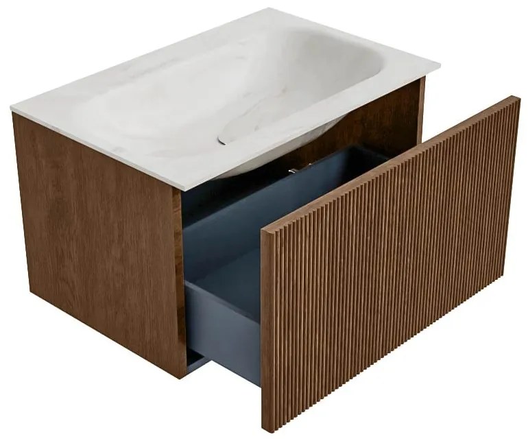 Mondiaz Kurve-dlux 70cm badmeubel walnut met 1 lade en wastafel big small midden zonder kraangat ostra