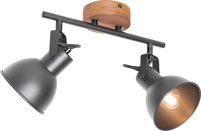 Industriële spot zwart met hout kantelbaar 2-lichts - Tommy