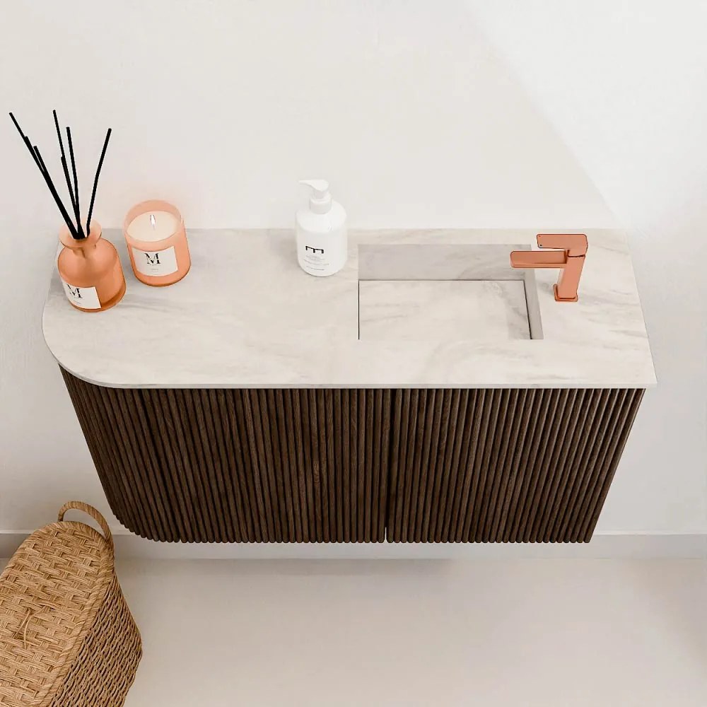 Mondiaz Joya DLux 70cm toiletmeubel ronding links walnut met wastafel faye rechts 1 kraangat ostra