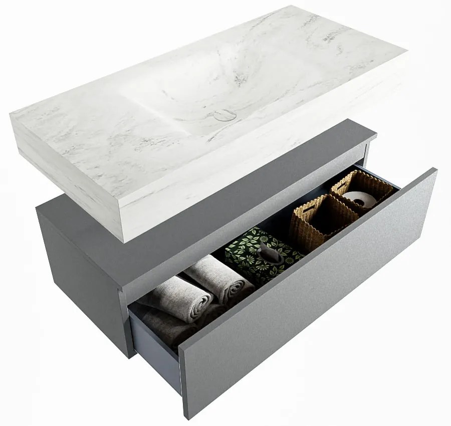 Mondiaz Alan DLux badmeubel 100cm plata 1 lade met wastafel opalo midden 1 kraangat