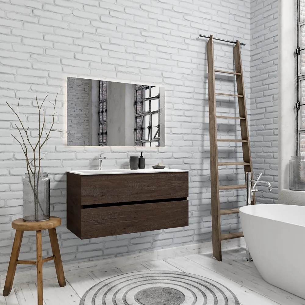 Zaro Valencia Solid Surface badmeubel 100cm donker eiken 1 kraangat spoelbak links met 2 lades