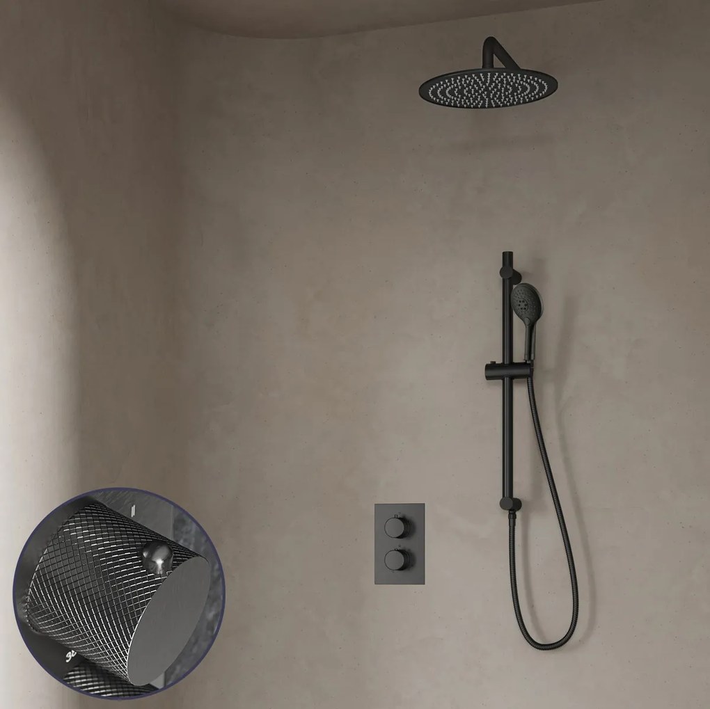 Saniclear Iron Curved inbouw regendouche met 20cm hoofddouche, muurarm, 2 standen handdouche en glijstang verouderd ijzer - gunmetal