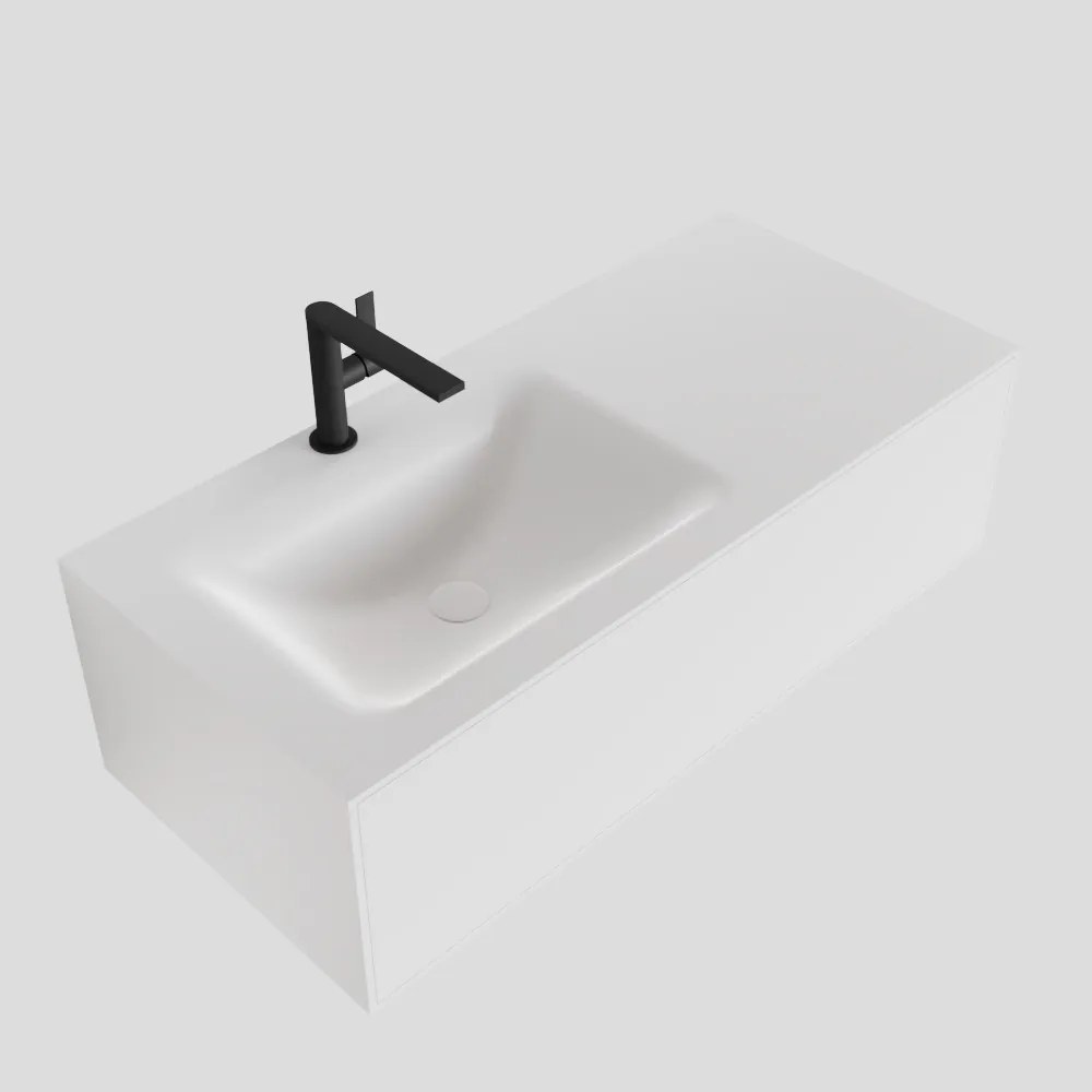 Zaro Lagom volledig naadloos solid surface onderkast 100cm mat wit met 1 lade Push tot open. Compleet met solid surface wastafel met 1 kraangat(en)