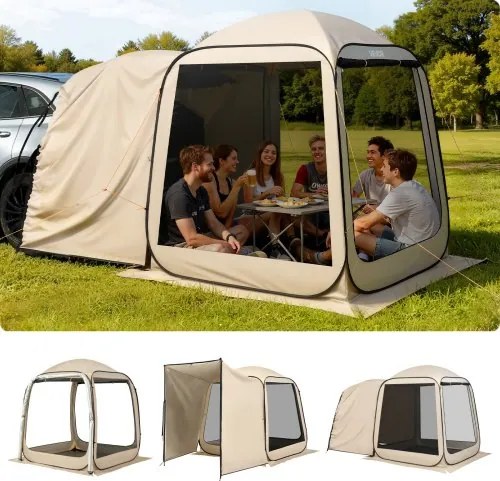 VEVOR Campingtent, 182,88 x 182,88 cm, pop-up tent voor de achterklep van een SUV, draagbare partytent voor 4-6 personen met draagtas, zijwanden van gaas, voor kamperen, tuinieren en buitenactiviteiten, beige