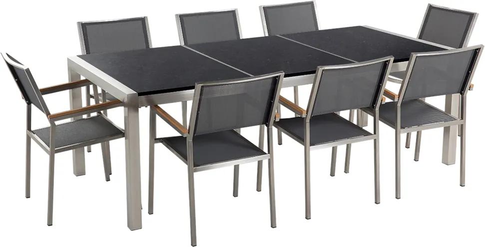 Tuinset gepolijst graniet/RVS zwart driedelig tafelblad 220 x 100 cm met 8 stoelen grijs GROSSETO