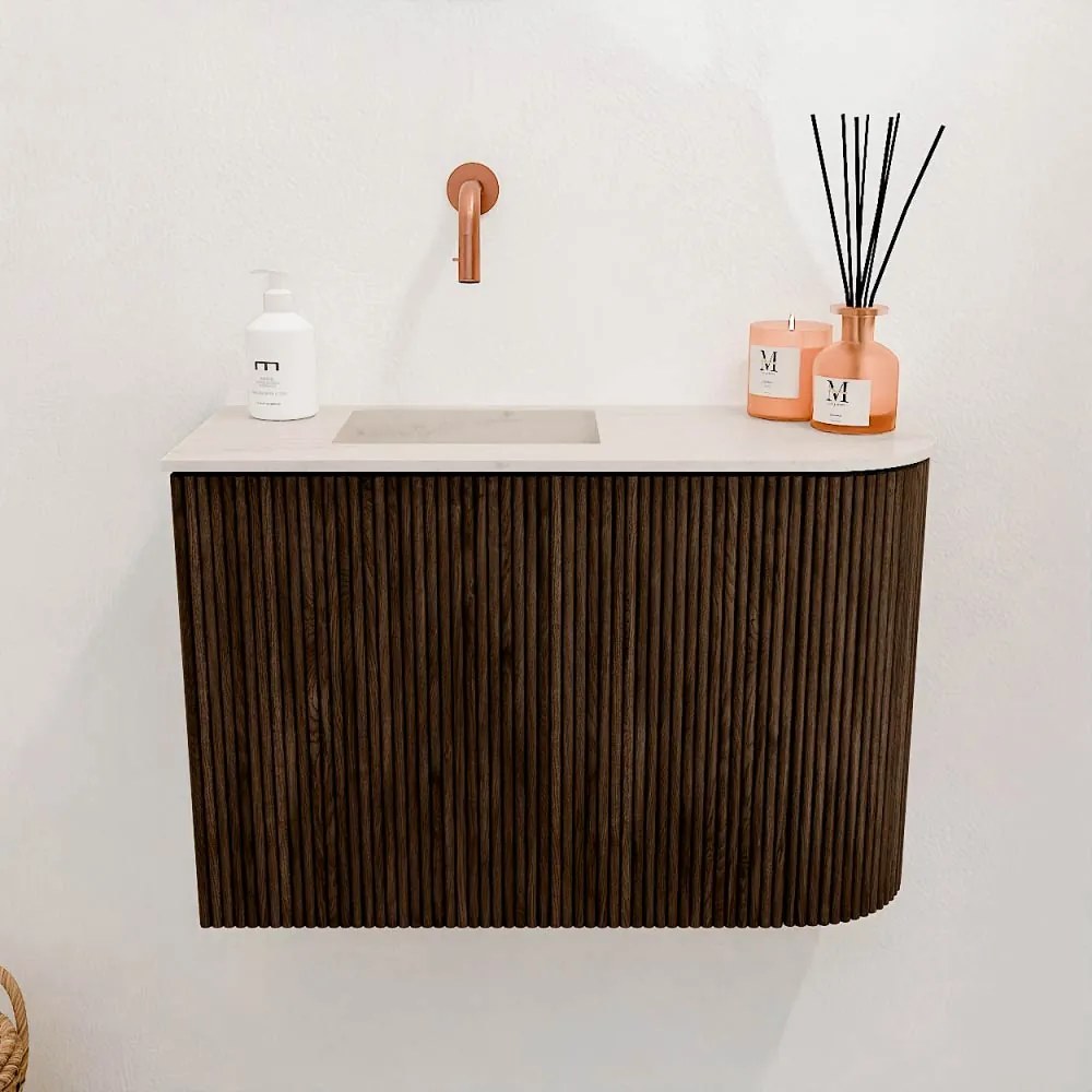 Mondiaz Joya DLux 60cm toiletmeubel ronding rechts walnut met wastafel faye links zonder kraangat meli