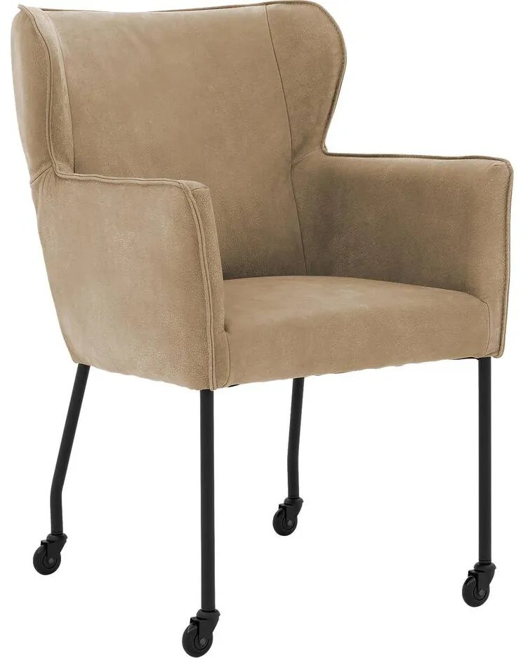 Goossens Excellent Eetkamerstoel Leogang bruin leer met armleuning en Zwart skater wiel met zwarte kapmet wielen, elegant chic