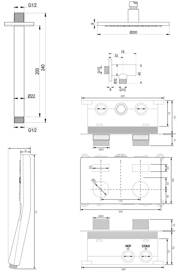Brauer Gunmetal Carving thermostatische inbouw regendouche met 3 standen handdouche, plafondarm en hoofddouche 20cm set 59 gunmetal geborsteld PVD