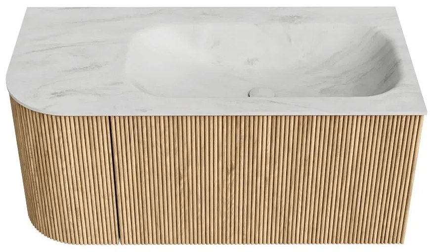 Mondiaz Kurve-dlux 95cm badmeubel ronding links oak met 1 lade en deur en wastafel big small rechts zonder kraangat opalo