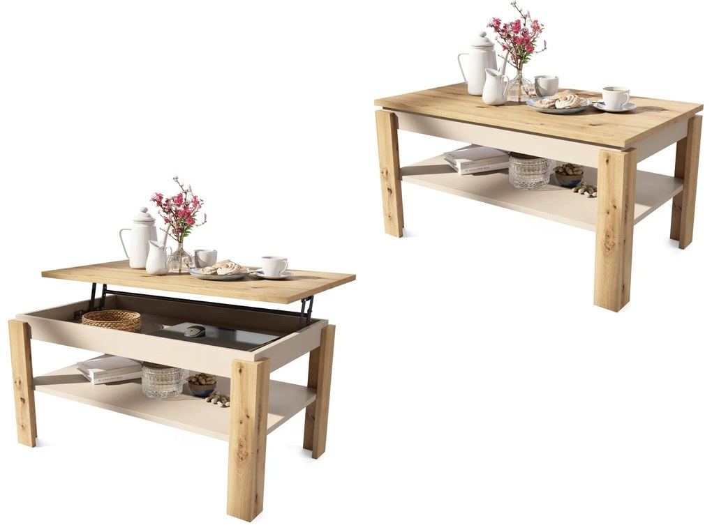 ASTI-P eiken artisan / beige - moderne salontafel met hefblad