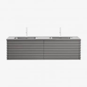 Conjunto Vaniteit Hangend 160x50 Cm In Hout Met Geïntegreerde Waskommen Noura Spiegelloze & Grijs – Nikkel & 2 X Wit ↑20 Cm Met Overloop Aftapventiel