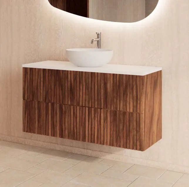 Gliss Design Hybris badkamermeubel met ribbelfront en mat wit toppaneel 100cm walnut