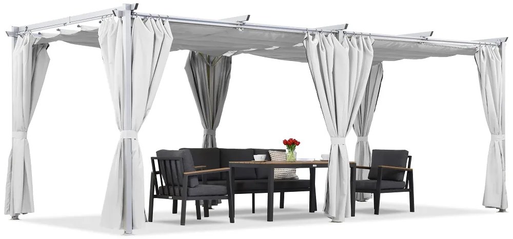 Witte La Palma terraspergola 3x6m met Garden Point gordijnen