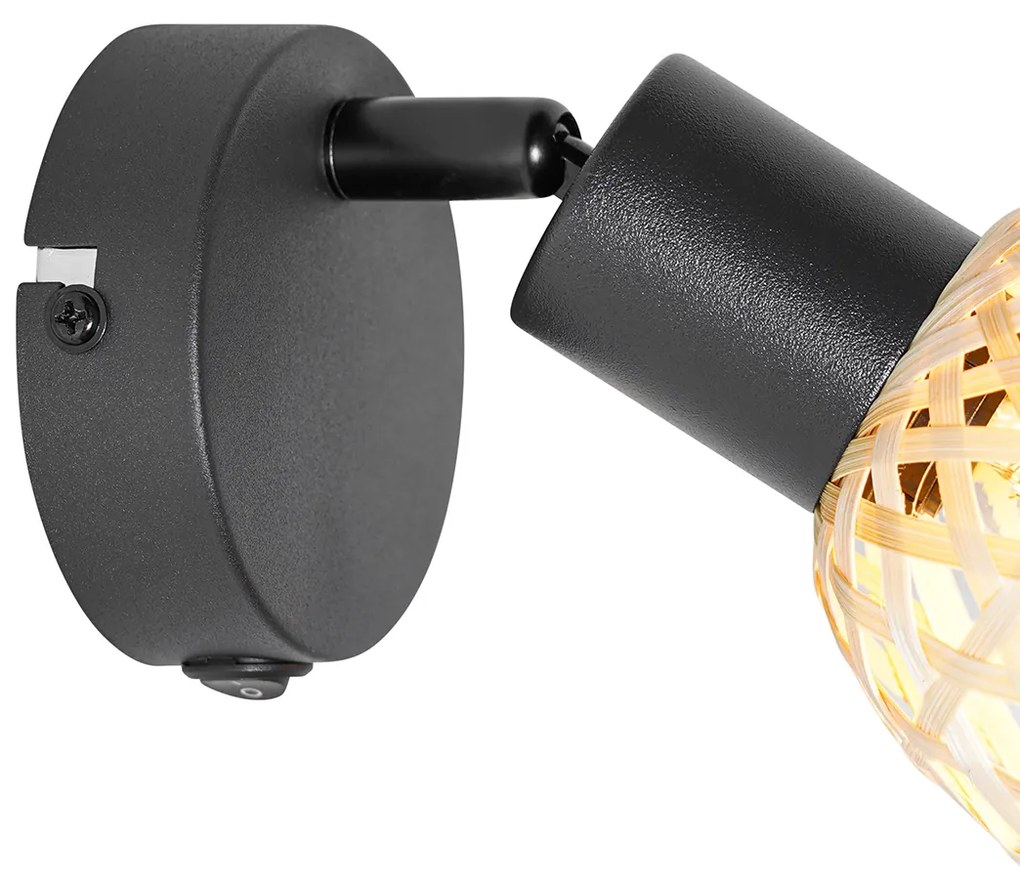 Oosterse Spot / Opbouwspot / Plafondspot zwart met bamboe en schakelaar - RayanOosters E14 rond Binnenverlichting Lamp
