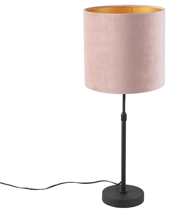 Stoffen Tafellamp zwart met velours kap roze met goud 25 cm - Parte Klassiek / Antiek E27 cilinder / rond rond Binnenverlichting Lamp