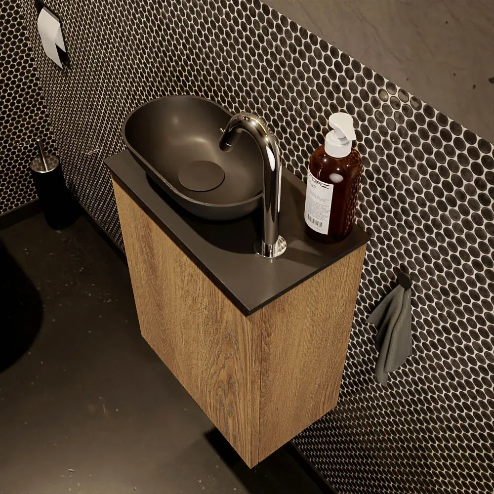 Mondiaz Fowy toiletmeubel 40cm washed oak met zwarte waskom links en kraangat