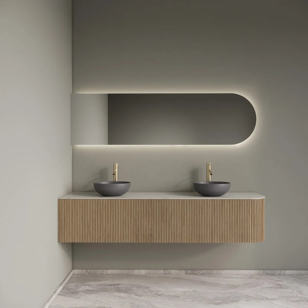 Gliss Design Alluro badmeubel ribbelfront met ronding rechts 180cm mist en wit marmer toppaneel