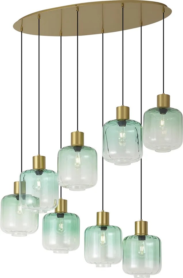 Hotel Chique hanglamp messing met blauw en groen glas  8-lichts - Qara
