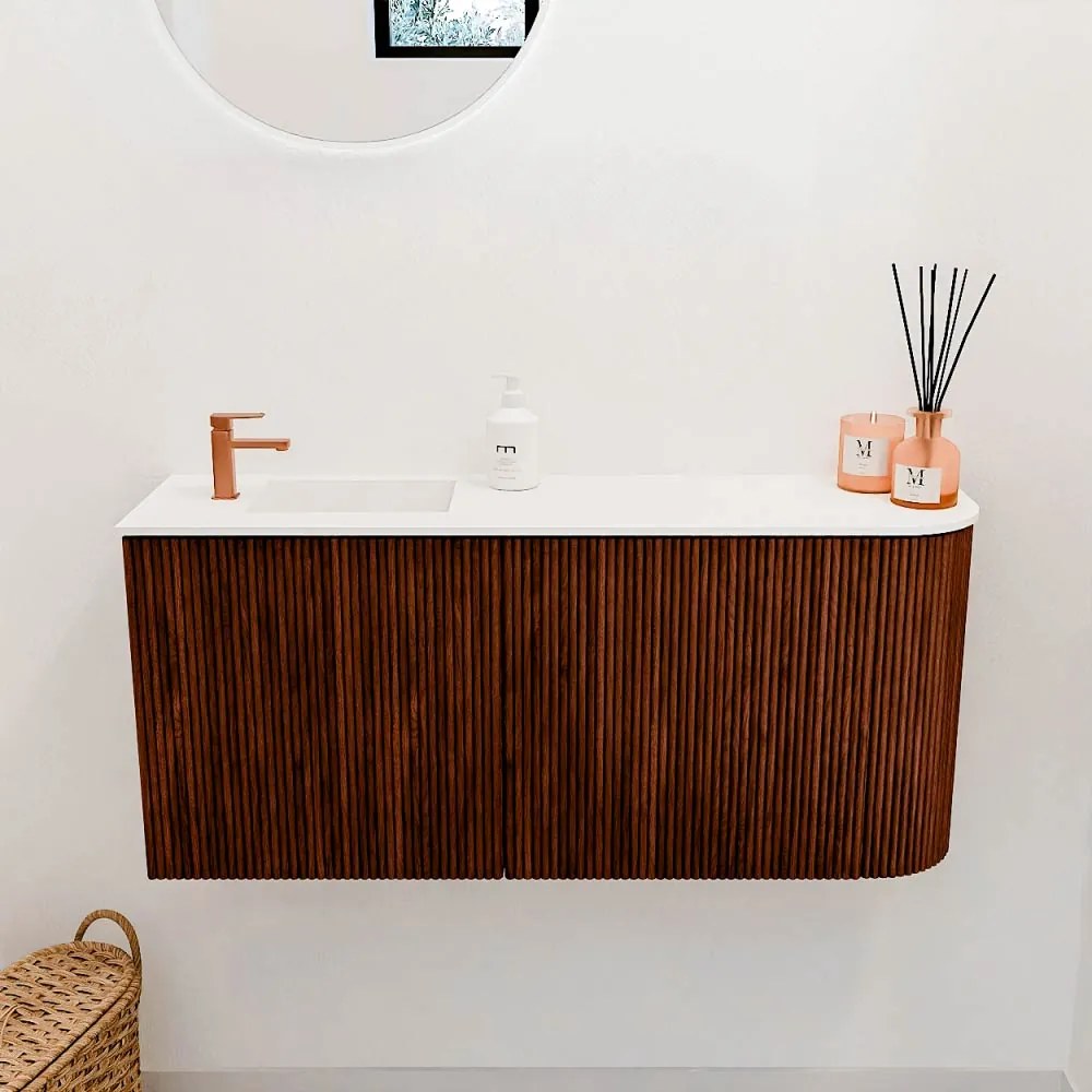 Mondiaz Joya 90cm toiletmeubel ronding rechts ruby met wastafel faye links 1 kraangat talc