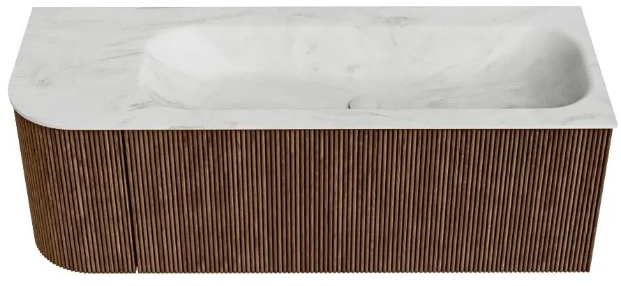 Mondiaz Kurve-dlux 125cm badmeubel ronding links walnut met 1 lade en deur en wastafel big medium rechts zonder kraangat opalo