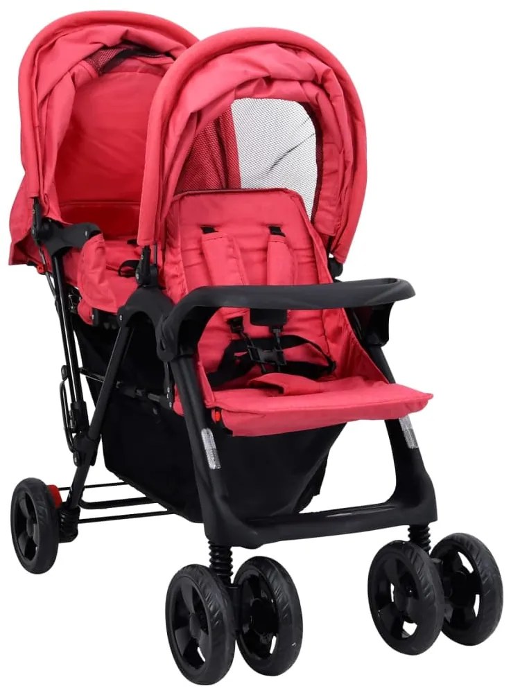vidaXL Tweelingkinderwagen tandem staal rood