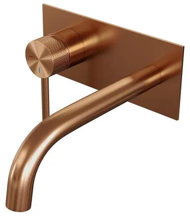 Brauer Copper Carving Wastafelmengkraan inbouw - gebogen uitloop rechts - hendel lang smal carving- afdekplaat - model A2 PVD - geborsteld koper 5-GK-083-B6