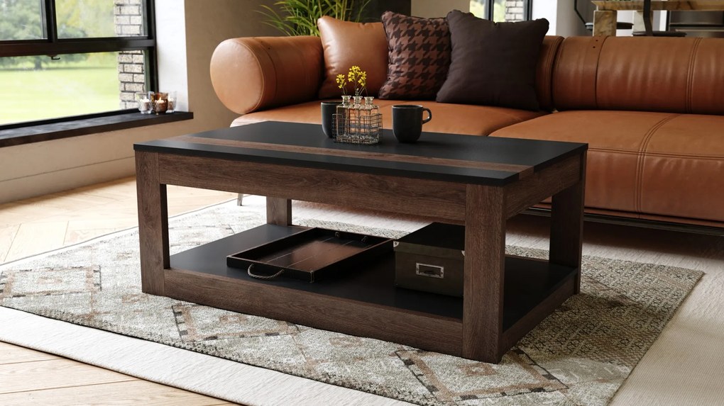 LUSSO Zwart mat/Bruine Eik - MODERNE SALONTAFEL MET VERHOOGD BLAD + OPBERGRUIMTE + SCHAP (OP WIELEN!)