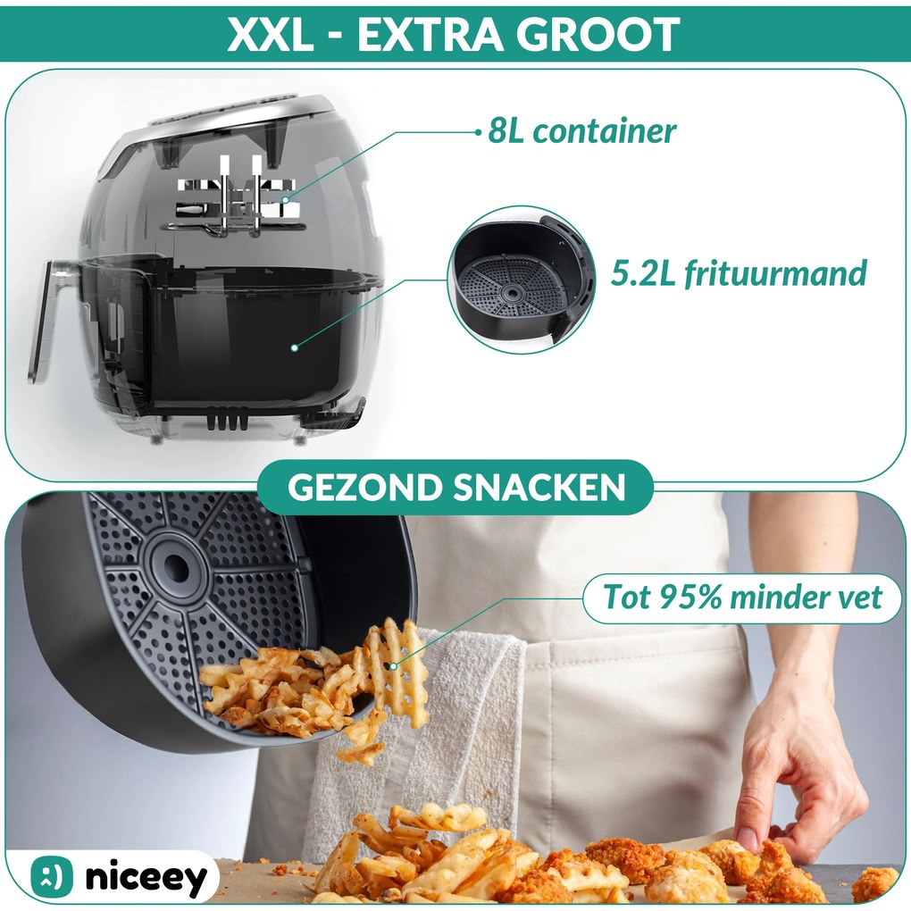 Niceey Airfryer XXL - Heteluchtfriteuse - 8L - 1800W - Zwart