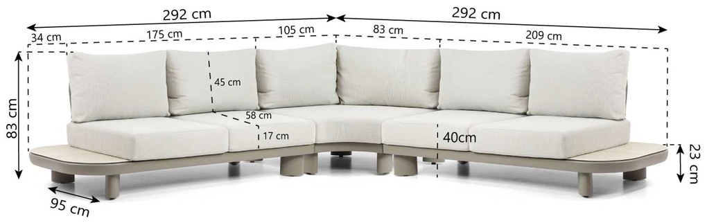 Hoek loungeset 5 personen Aluminium/Rope /Ceramic stone Taupe  Santika Furniture Santika