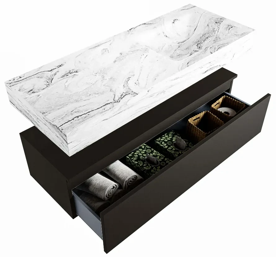 Mondiaz Alan DLux badmeubel 120cm urban 1 lade met wastafel glace rechts 1 kraangat