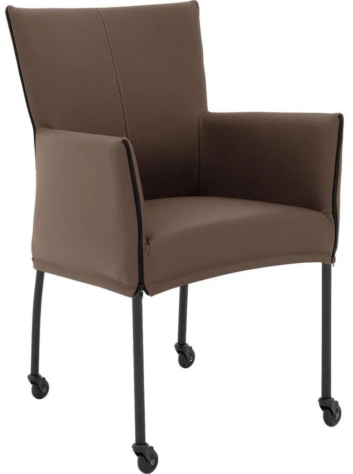 Goossens Eetkamerstoel Funk Zwarte Poten bruin leer met armleuning en Zwart skater wiel met zwarte kapmet wielen, modern design