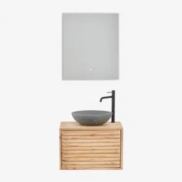 Deleyna Wandgemonteerde Houten Badkamermeubelset Natuurlijk Hout & Rond Grijs Cement Ø40 Cm Tarsis & Rechthoekige Led En Anticondens 60x70 Cm - Sklum