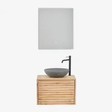 Hangend Badkamermeubelset 60x45 Cm In Hout Deleyna Natuurlijk Hout & Rond Grijs Cement Ø40 Cm Tarsis & Rechthoekige Led En Anticondens 60x70 Cm Riben