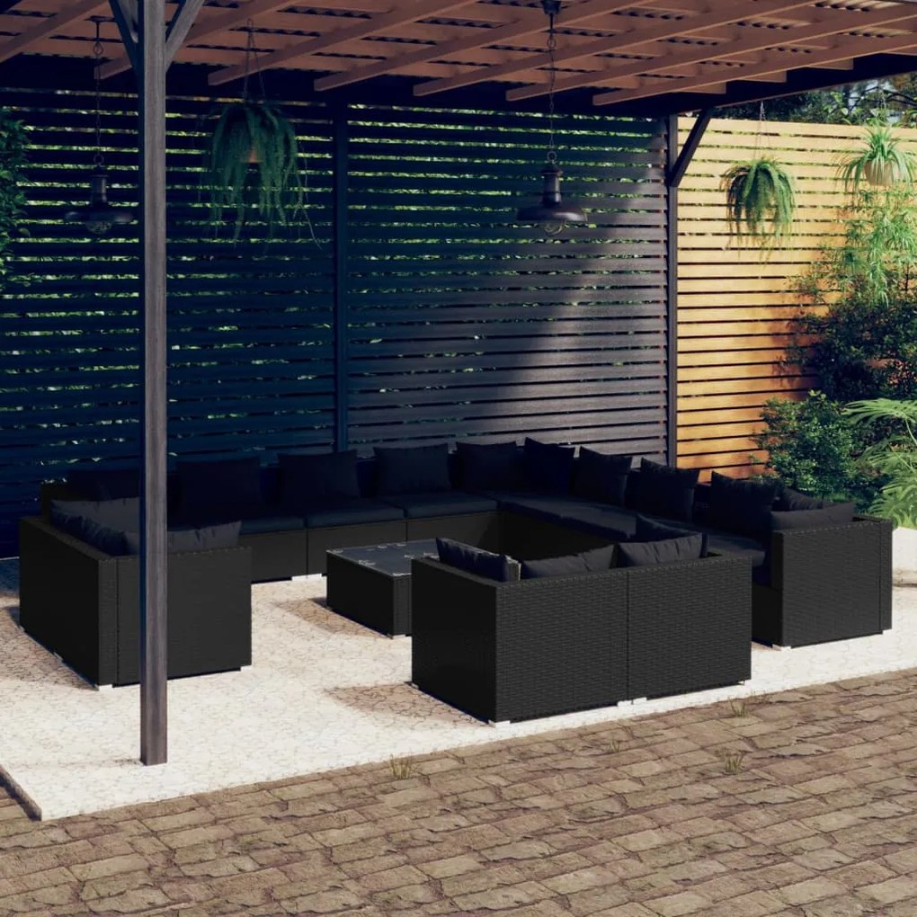 vidaXL 14-delige Loungeset met kussens poly rattan zwart