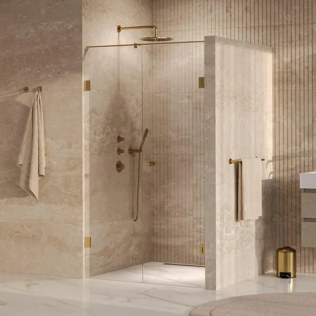 BRAUER Void Carving Nisdeur - 2-delig - 120x200cm - 60cm draaideur aan muur - glascoating - omkeerbaar - helder glas - geborsteld goud PVD GS-VOCN2H6060200GG