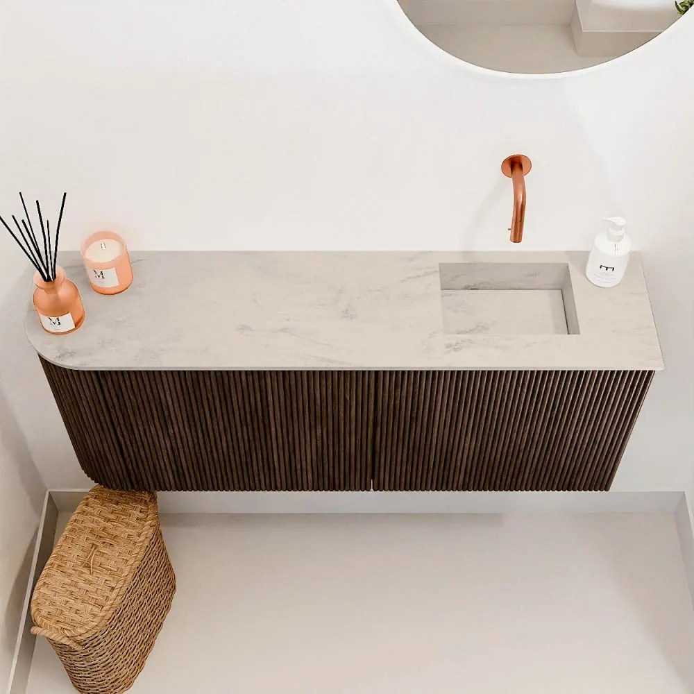 Mondiaz Joya DLux 100cm toiletmeubel ronding links walnut met wastafel faye rechts zonder kraangat opalo