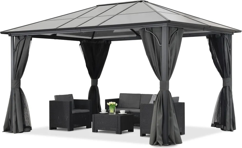 Modern tuinhuisje Santiago 3x4m met Garden Point antraciet gordijnen