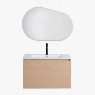 Badkamermeubelset In Hout Met Geïntegreerde Wastafel Jacob Natuurlijk Hout & Ovaal Led En Anticondens 100x80 Cm Meunier & Zwart ↑20 - Sklum