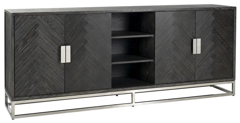 Richmond Interiors Blackbone Silver Groot Dressoir Zwarte Visgraat Met Zilver - 225x45x90cm.