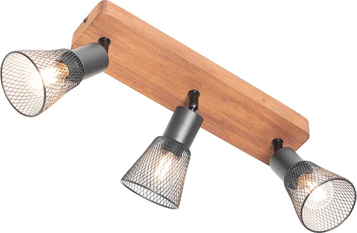 Industriële spot zwart met hout 3-lichts - Kristina