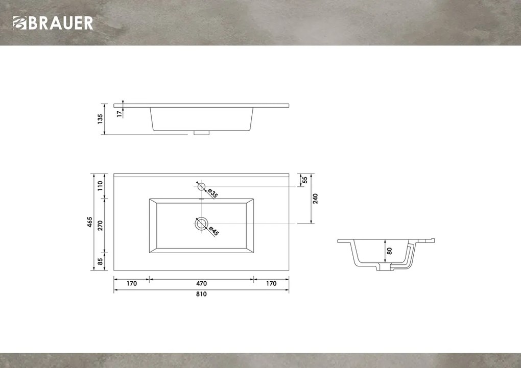 Brauer Starfall wastafel keramiek 80cm met kraangat wit glans