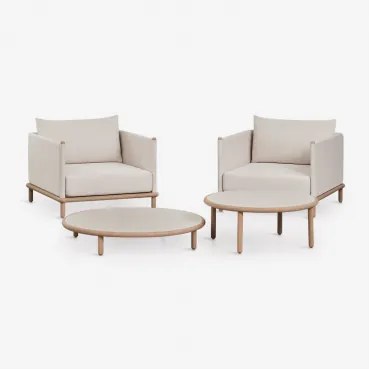 Woonkamerset Met 2 Fauteuils En 2 Ronde Salontafels Van Acaciahout Olivia Gardenia Wit & Lichte Acaciekleur - Sklum