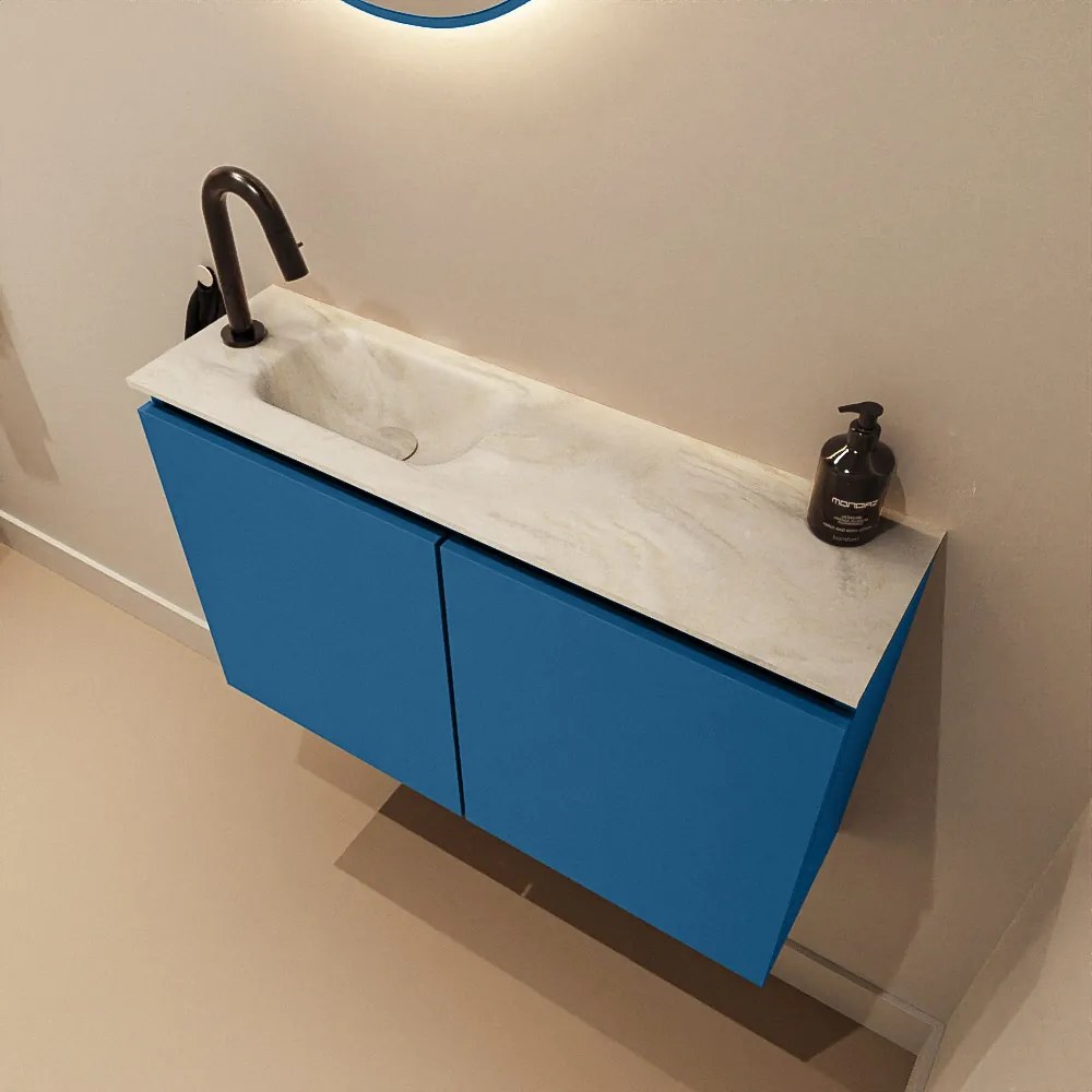 Mondiaz Ture DLux toiletmeubel 80cm jeans met wastafel ostra links met kraangat