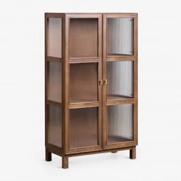 Mangohouten Vitrinekast Met Glas Ildara 160x90 Cm & Goudkleurig - Donker Mangohout - Sklum