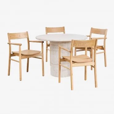 Velia Ronde Tafelset In Travertijnlook Cement (ø100 Cm) En 4 Mara Signature Eikenhouten Eetkamerstoelen Travertine - Sklum