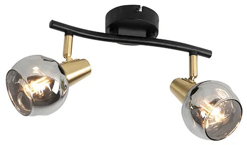 Plafondlamp zwart met messing en glas smoke 2-lichts - Vidro