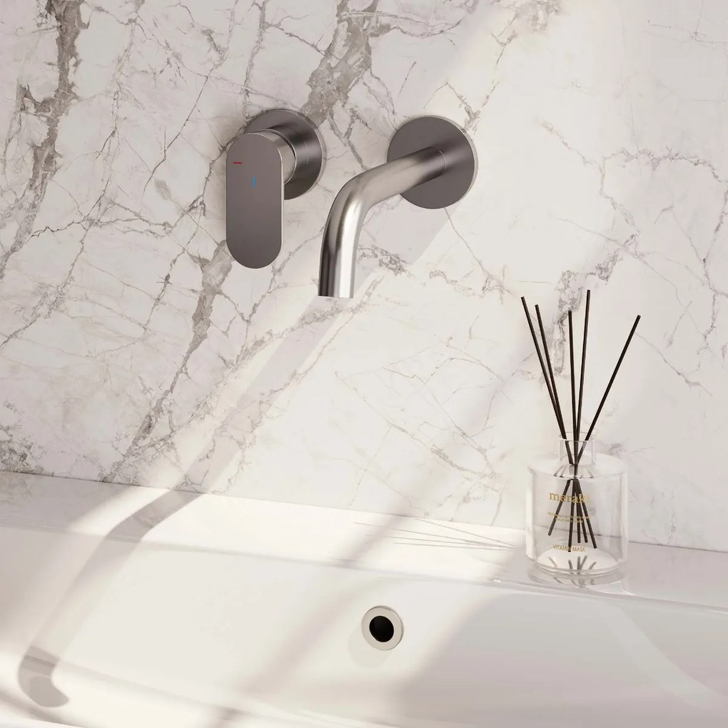 Brauer Brushed Edition ColdStart wastafelkraan inbouw gebogen uitloop en rozetten model C2 RVS geborsteld PVD