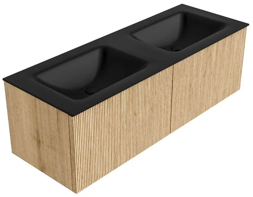 Mondiaz Kurve 130cm badmeubel oak met 2 lades en wastafel cloud dubbel 2 kraangaten urban